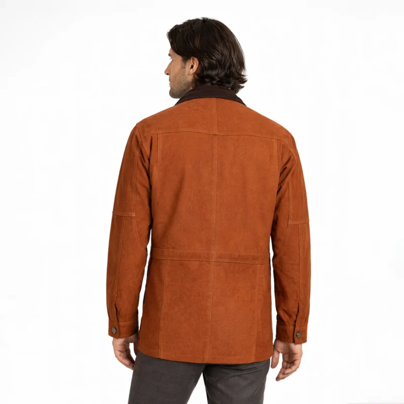 Rear view of tan brown suede field jacket showing shearling collar, clean back panel, relaxed fit, hip-length cut