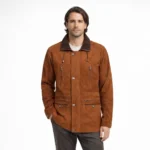 Front view of men's tan brown suede field jacket with brown shearling collar, snap button closure, vertical chest zip pockets, waist zipper pockets, snap flap pockets