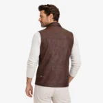 Rear view of brown suede leather vest showing clean back panel, shirt collar, sleeveless construction, classic field vest design - Frontier Prospector Vest