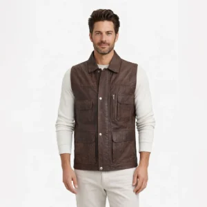 Front view of men's brown suede leather vest with shirt collar, snap button closure, four flap pockets, vertical zipper chest pocket, utility field design - Frontier Prospector Vest