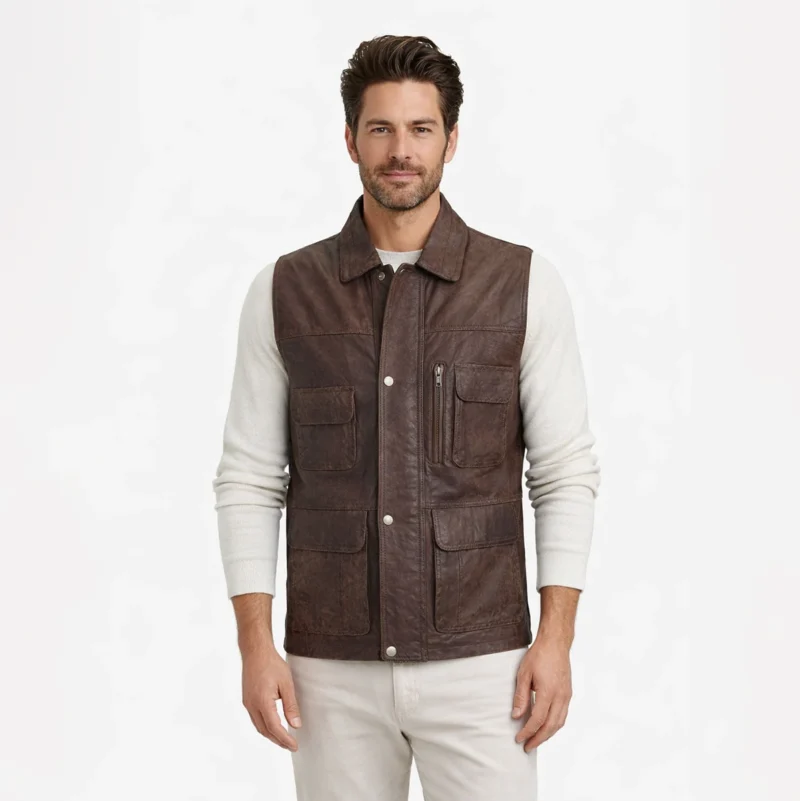 Front view of men's brown suede leather vest with shirt collar, snap button closure, four flap pockets, vertical zipper chest pocket, utility field design - Frontier Prospector Vest