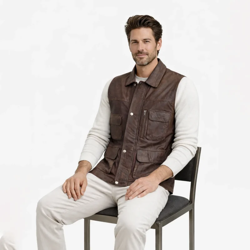 Man seated wearing brown suede leather vest - Frontier Prospector Vest - showing comfortable fit, accessible multi-pockets, versatile layering piece