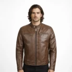 Front view of men's brown leather motorcycle jacket with band collar, snap button closure, central zipper, horizontal chest zip pockets, raglan sleeves, and vintage distressed finish