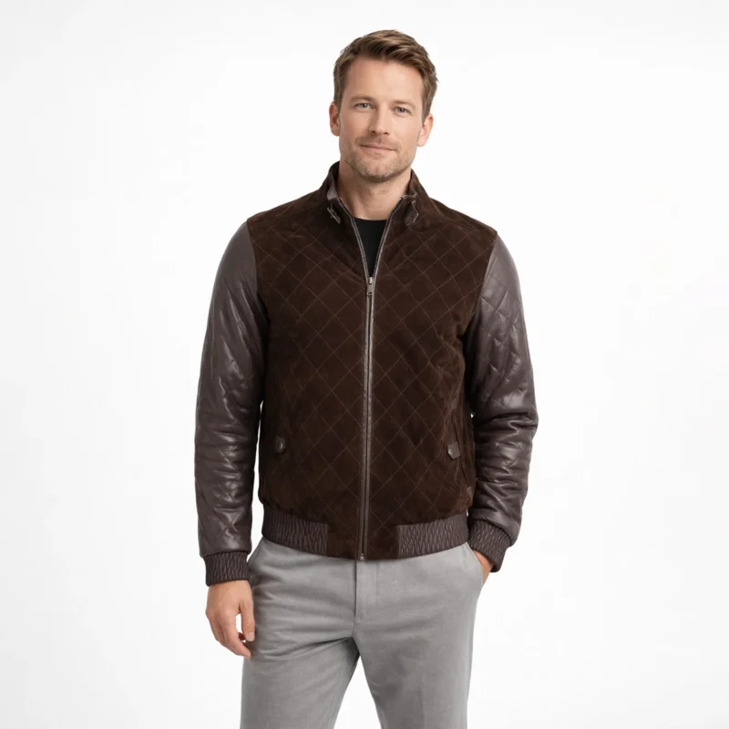 Man wearing chocolate brown suede bomber jacket with diamond quilted pattern, dark brown leather sleeves, full zip closure, ribbed cuffs and hem, paired with gray pants on light background