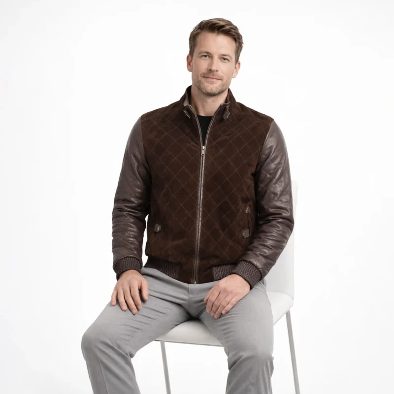 Brown Suede Bomber Jacket Seated Position - Men's Comfortable Quilted Varsity Jacket Man seated wearing brown suede bomber jacket with gray dress pants, demonstrating comfort, flexibility, and maintained shape while sitting