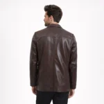 Rear view of brown leather blazer showing center vent, tailored back panels, refined construction, smooth leather finish - Imperial Aurelius Leather Blazer
