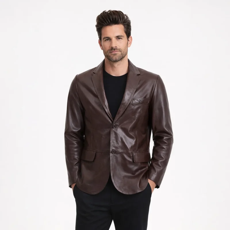 Front view of men's brown leather blazer with notched lapels, two-button closure, chest welt pocket, flap waist pockets, tailored fit - Imperial Aurelius Leather Blazer