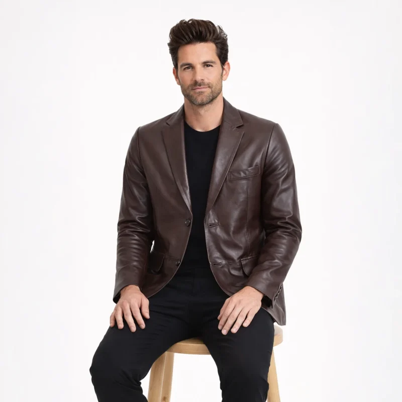 Man seated wearing brown leather blazer showing comfortable fit, accessible pockets, refined styling, smart-casual outerwear - Imperial Aurelius Leather Blazer