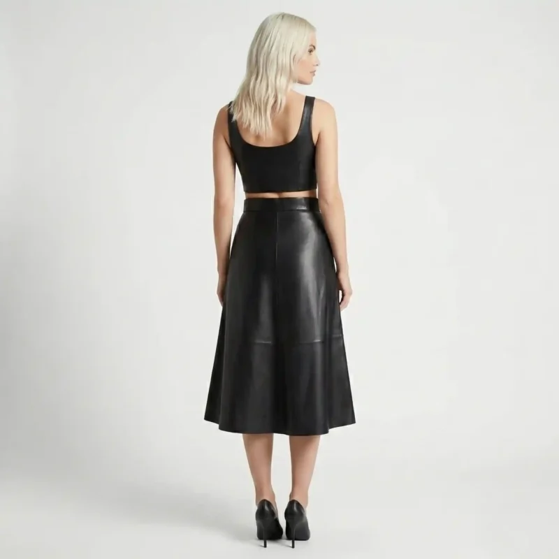 Back view of black leather midi skirt showing smooth drape, calf-length hem, and structured paneling on a female model - Imperial Noir Flare Skirt