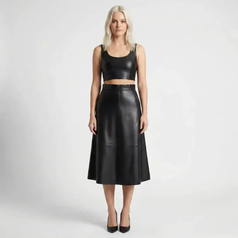 Front view of model wearing high-waisted black leather midi skirt with vertical panel seams and A-line silhouette against white background.