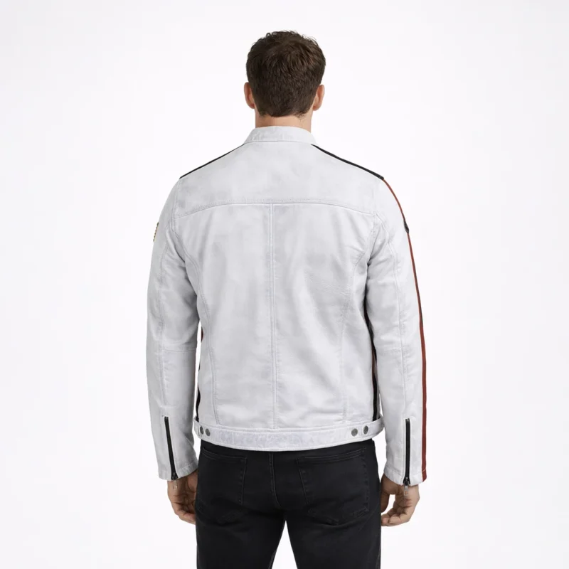 Rear view of white leather racing jacket showing red and black racing stripes down sleeves, center back seam, shoulder panel construction, straight hem, and clean motorsport-inspired design