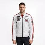 Front view of men's white leather racing jacket with stand collar, racing stripes in red and black, motorsport sponsor patches including NITRO and American flag, chest zipper pockets, and vintage racing team styling