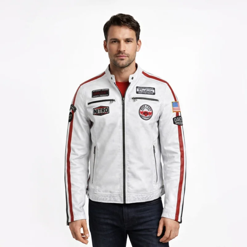 Front view of men's white leather racing jacket with stand collar, racing stripes in red and black, motorsport sponsor patches including NITRO and American flag, chest zipper pockets, and vintage racing team styling