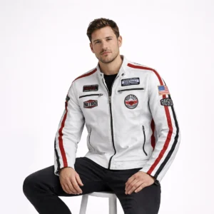 Man seated wearing white leather racing jacket with patches showing comfortable fit, visible racing stripes, accessible pockets, motorsport sponsor logos, and authentic vintage racing team styling