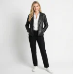 Woman wearing black tailored leather blazer with button front, structured fit, and classic lapel collar front view of Luxe Sovereign Leather Blazer