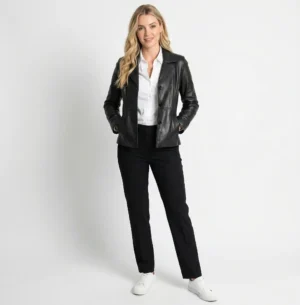 Woman wearing black tailored leather blazer with button front, structured fit, and classic lapel collar front view of Luxe Sovereign Leather Blazer