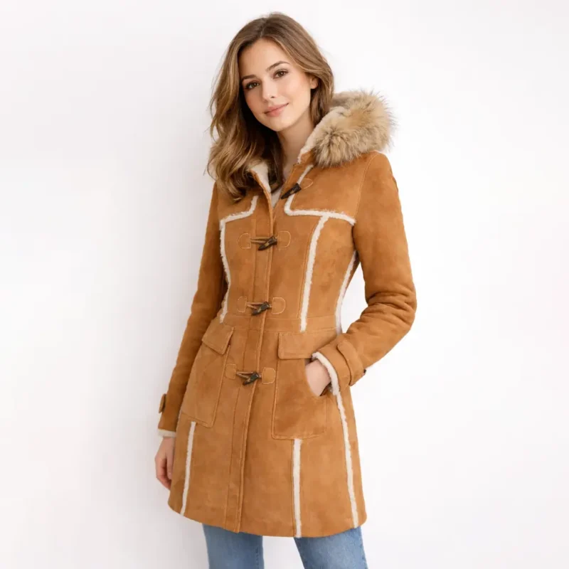 Women's tan shearling coat with fur-trimmed hood, toggle closures, sherpa trim, and patch pockets - front view