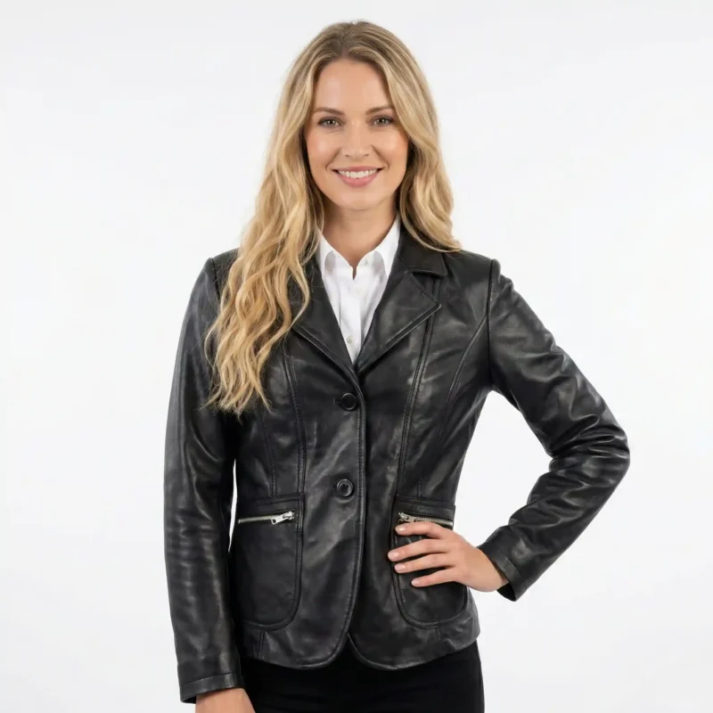 Woman wearing Maison Vesper black tailored leather blazer with structured fit, button front, and zip pockets, front view of Maison Vesper Tailored Leather Blazer