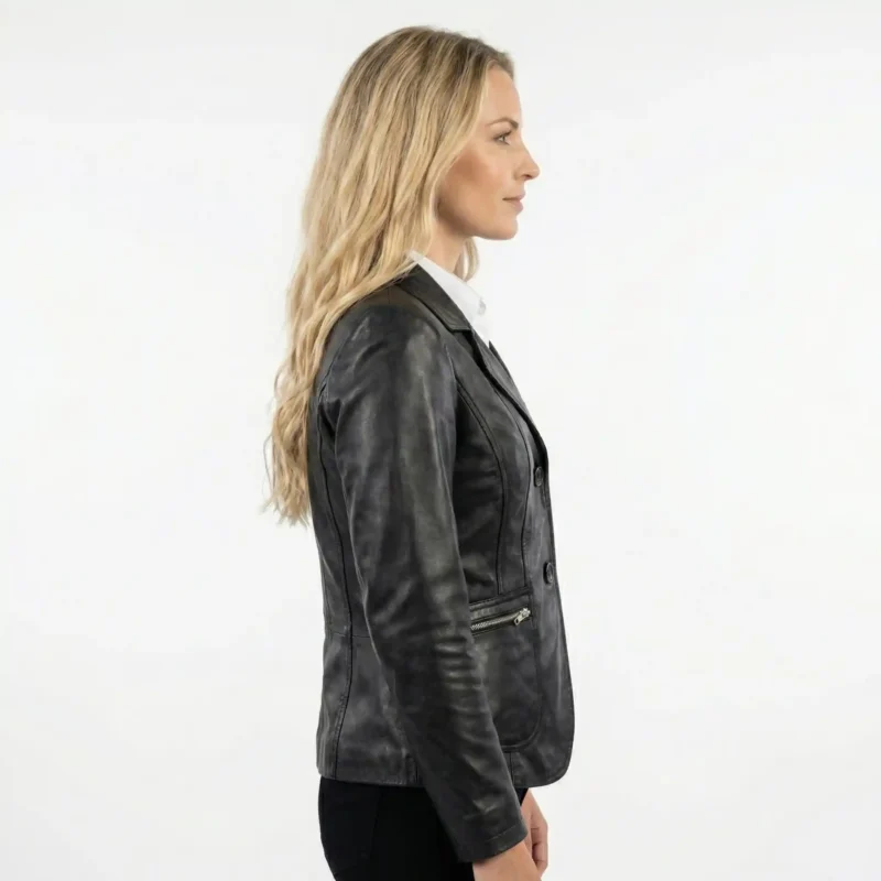 Side view of women’s Maison Vesper tailored leather blazer showing fitted waist and structured silhouette - Maison Vesper Tailored Leather Blazer
