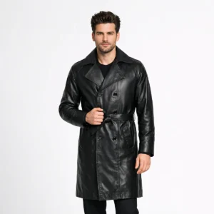 Front view of men's black leather trench coat with wide notched lapels, double-breasted button closure, belted waist, slash pockets, knee-length cut