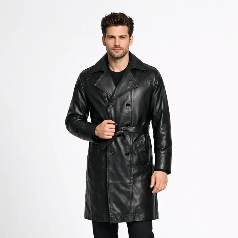 Front view of men's black leather trench coat with wide notched lapels, double-breasted button closure, belted waist, slash pockets, knee-length cut