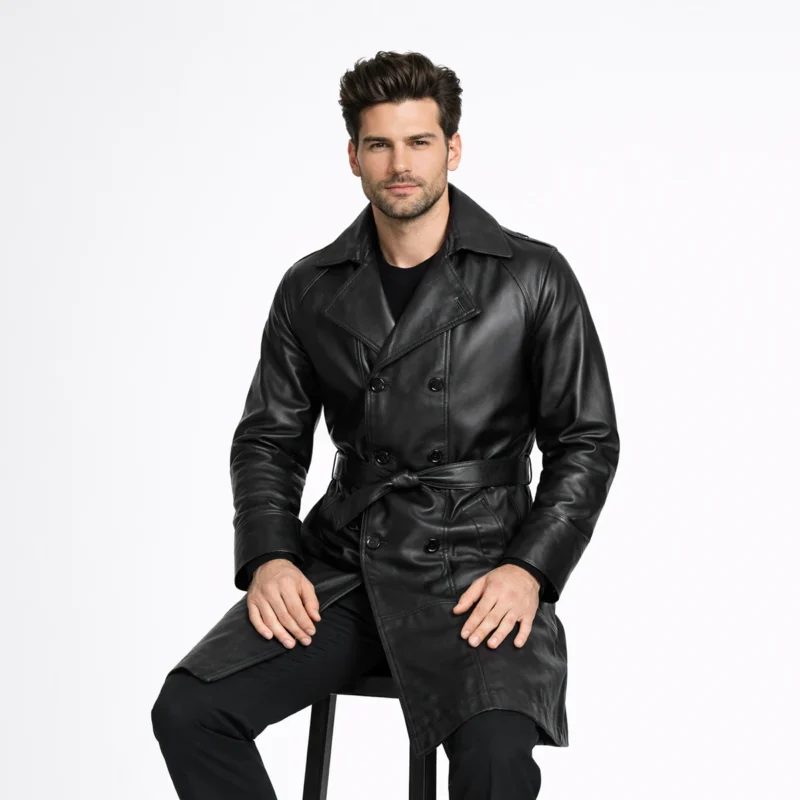 Side profile of black leather trench coat showing wide lapels, knee-length cut, belted waist, straight silhouette