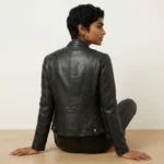 Rear view of black leather moto jacket showing quilted shoulder panels, fitted back construction, feminine tailored design, classic biker styling - Midnight Luxe Zip-Front Leather Jacket
