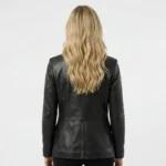 Back view of women’s tan leather rider jacket showing smooth finish and tailored fit - Midnight Executive Blazer