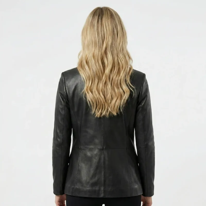 Back view of women’s tan leather rider jacket showing smooth finish and tailored fit - Midnight Executive Blazer