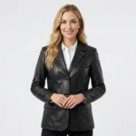 Front view of women’s black leather tailored blazer with button closure of Midnight Executive Blazer