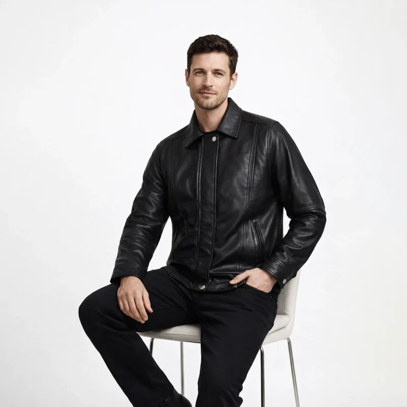 Man seated wearing black leather bomber jacket showing comfortable relaxed fit, accessible diagonal pockets, natural leather draping, ribbed hem flexibility, and easy movement while sitting