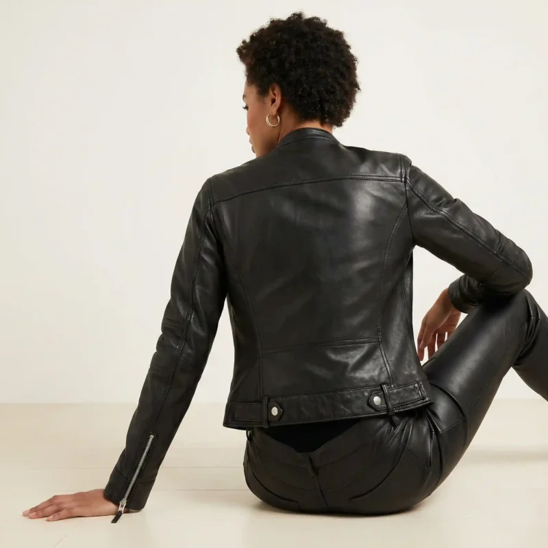 Side profile of black leather moto jacket showing band collar, asymmetric zipper, multiple pockets, fitted waist, and cropped length