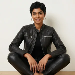 Front view of women's black leather moto jacket with band collar, asymmetric zipper, quilted shoulder panels, chest and waist zip pockets, fitted feminine silhouette of Midnight Luxe Zip-Front Leather Jacket