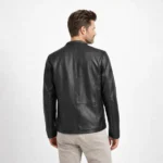 Rear view of black leather racer jacket showing clean back panel, vertical seaming, fitted construction, streamlined cafe racer design - Midnight Sleek Jacket