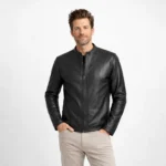 Front view of men's black leather racer jacket with band collar, central zipper, vertical chest seaming, clean minimalist design, fitted silhouette - Midnight Sleek Jacket