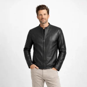 Front view of men's black leather racer jacket with band collar, central zipper, vertical chest seaming, clean minimalist design, fitted silhouette - Midnight Sleek Jacket