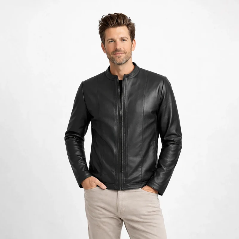 Midnight Sleek Jacket - Men's Black Leather Racer Jacket - Minimalist Cafe Racer Style Front View Front view of men's black leather racer jacket with band collar, central zipper, vertical chest seaming, clean minimalist design, fitted silhouette - Midnight Sleek Jacket