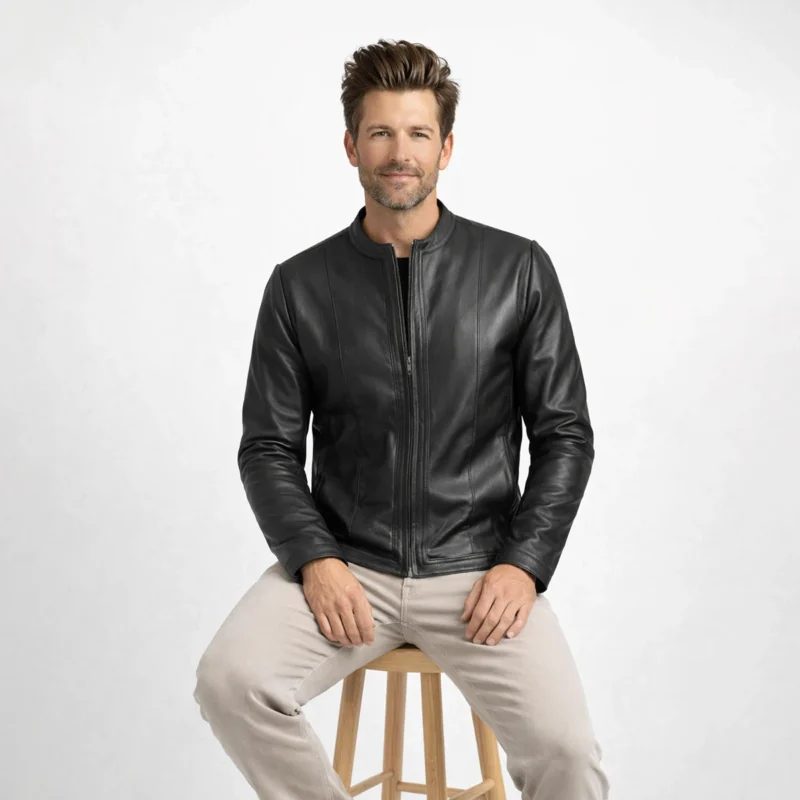 Man seated wearing black leather racer jacket showing comfortable fitted cut, streamlined design, versatile styling - Midnight Sleek Jacket