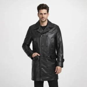 Man wearing black leather peacoat with wide lapel collar, double-breasted button closure, dual chest pockets, side flap pockets, and buckle cuff details on light gray background