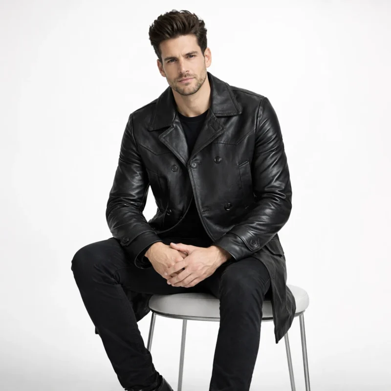Man seated wearing black leather peacoat with black pants, demonstrating comfort, flexibility, and maintained structure while sitting