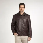 Front view of men's dark brown leather jacket with pointed shirt collar, central zipper, horizontal chest seam, clean minimal design, hip-length cut - Mocha Classic Leather Jacket