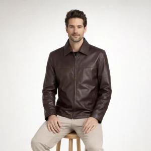 Side profile of dark brown leather jacket showing shirt collar, horizontal chest seam, straight silhouette, hip-length cut - Mocha Classic Leather Jacket