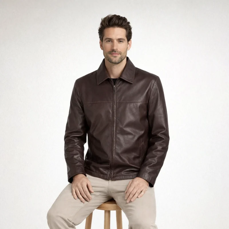 Mocha Classic Leather Jacket - Men's Brown Leather Jacket Side Profile - Shirt Collar Design Side profile of dark brown leather jacket showing shirt collar, horizontal chest seam, straight silhouette, hip-length cut - Mocha Classic Leather Jacket