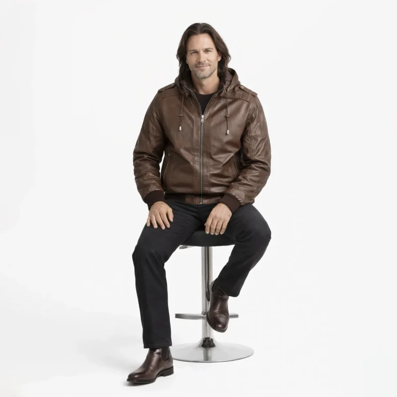 Man wearing brown leather hooded bomber jacket while seated, showing comfortable fit and functional hood design