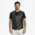 Front view of men's black leather motorcycle vest with V-neck, snap button closure, chest and waist pockets, side lace adjusters, classic biker design - Nocturne Atlas Leather Tactical Vest