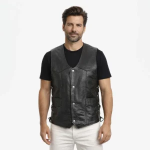 Front view of men's black leather motorcycle vest with V-neck, snap button closure, chest and waist pockets, side lace adjusters, classic biker design - Nocturne Atlas Leather Tactical Vest