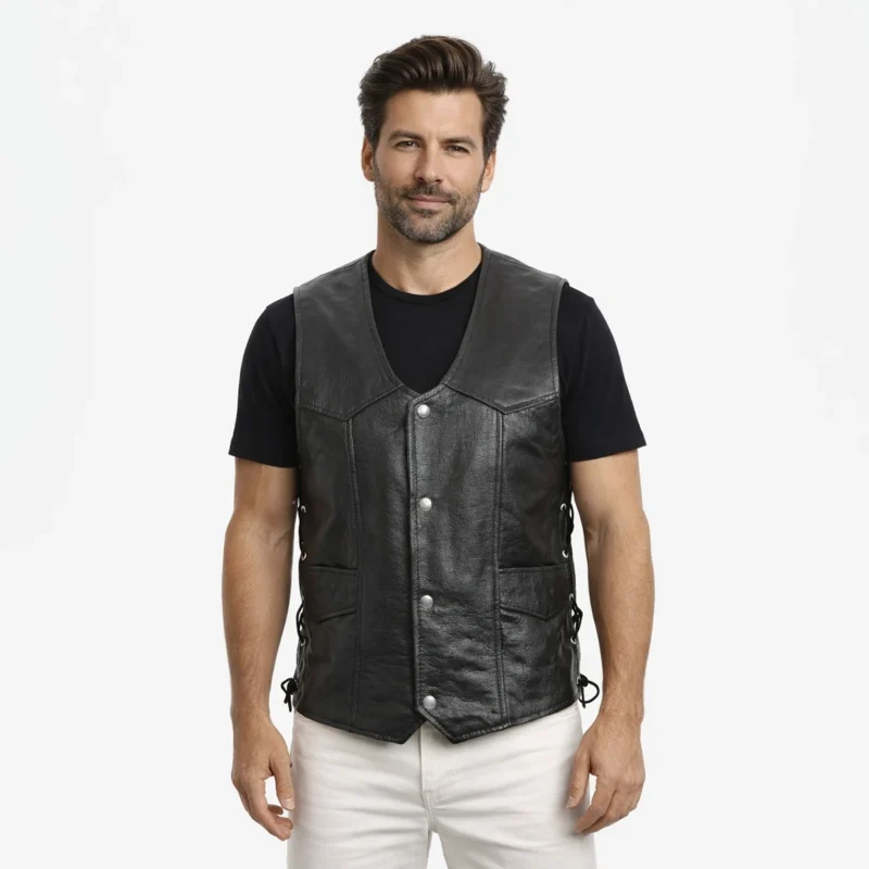Front view of men's black leather motorcycle vest with V-neck, snap button closure, chest and waist pockets, side lace adjusters, classic biker design - Nocturne Atlas Leather Tactical Vest