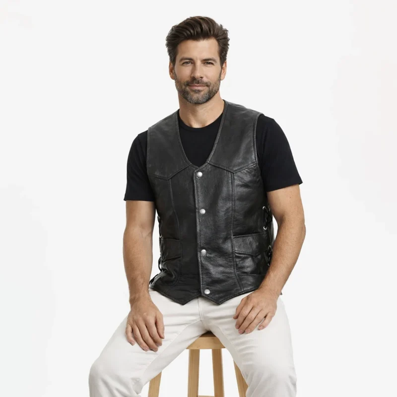 Man seated wearing black leather biker vest showing comfortable fit, accessible pockets, side lacing, traditional motorcycle styling of Nocturne Atlas Leather Tactical Vest