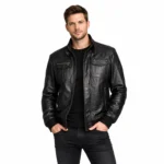 Men's black leather bomber jacket with stand collar buckle straps, dual chest pockets with zippers, ribbed cuffs and waistband - front view