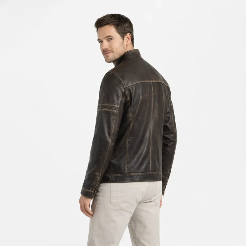 Rear view of distressed black leather cafe racer jacket showing dual racing stripes on sleeves, contrast tan topstitching, center back seam, vintage weathered finish with brown undertones, and straight hem